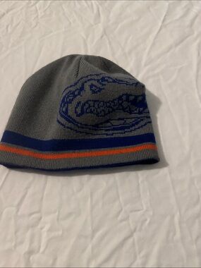 Gray Kids Beanie Hat with Blue & Orange Stripe